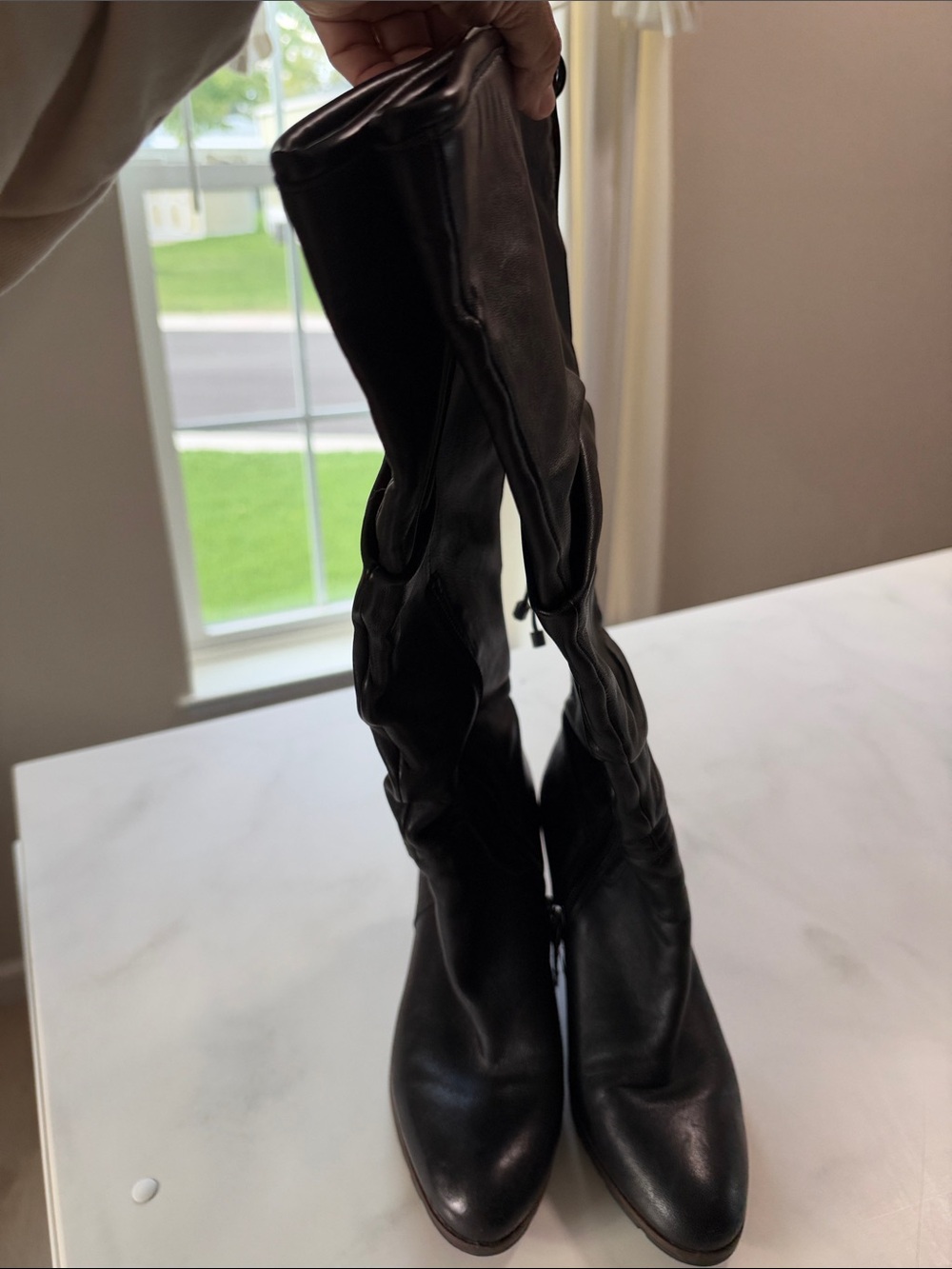 Women's Black Leather Knee-High Wedge Boots - Picture 3 of 15